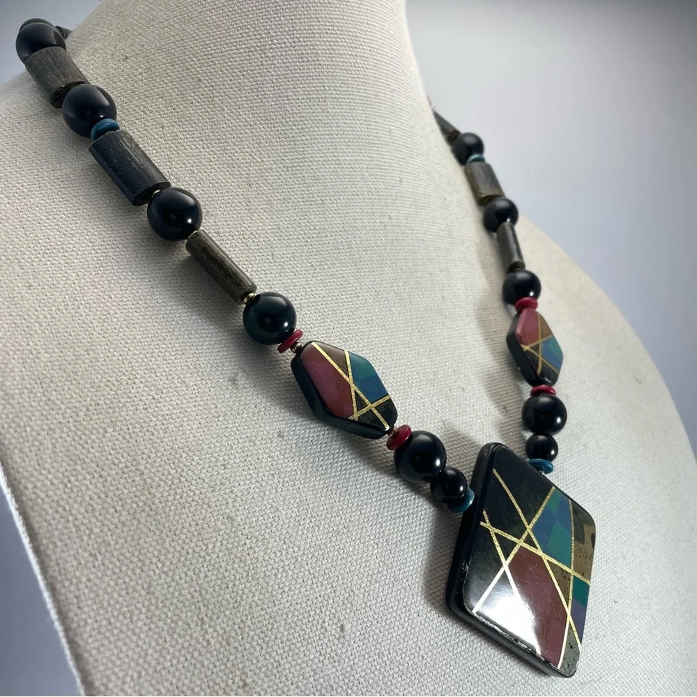 Vintage Japan Gold Tone Ceramic Black Gold Beaded Statement Necklace